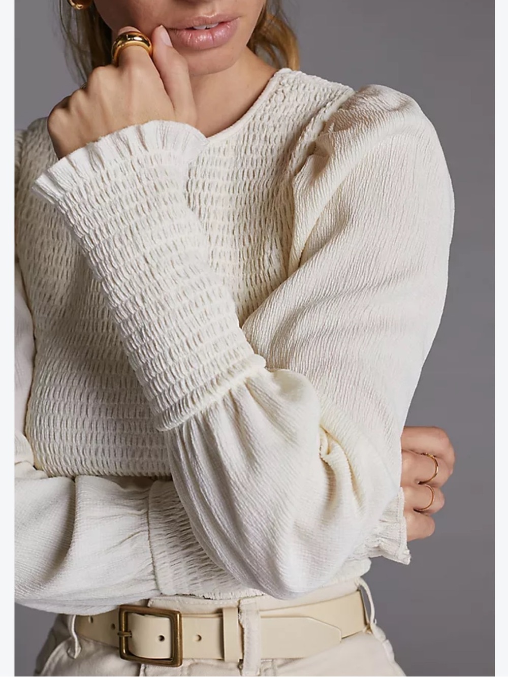 Anthropologie ivory smocked puff sleeve stretch top size XL